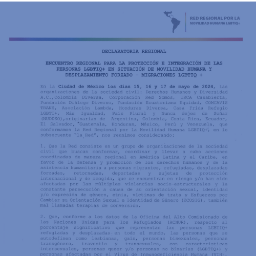 Declaratoria Regional Encuentro Regional para la Protección e Integración de las personas LGBTIQ+ en situación de movilidad humana y desplazamiento forzado – Migraciones LGBTIQ+.